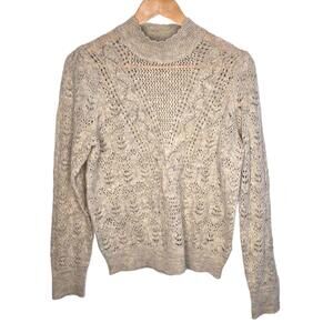 Lacy Open Knit Relaxed Sweater. Oatmeal coloured Victorian Detail Neck Med